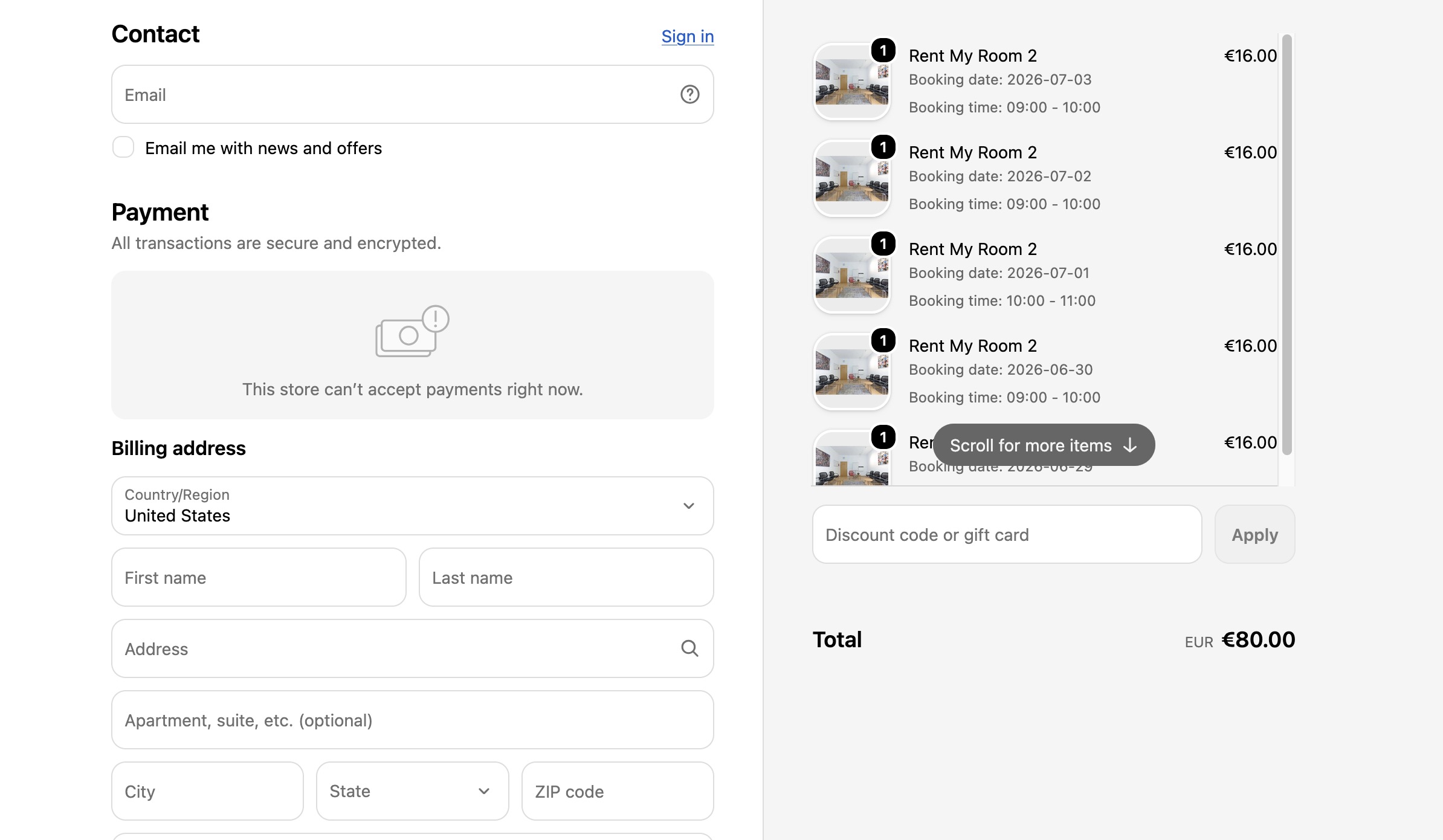 Shopify Store Room Rental Checkout
